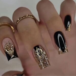 24pcs Short Square Shape Press On Nails Golden Glitter Powder Decor